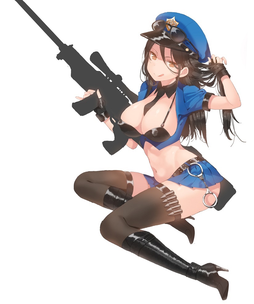 1girl ammunition_belt black_hair black_legwear boots breasts brown_hair cuffs gun handcuffs hat knee_boots licking_lips miniskirt pinky_out police police_uniform policewoman rifle scope skirt solo sunglasses thigh-highs unfinished uniform weapon yonggi