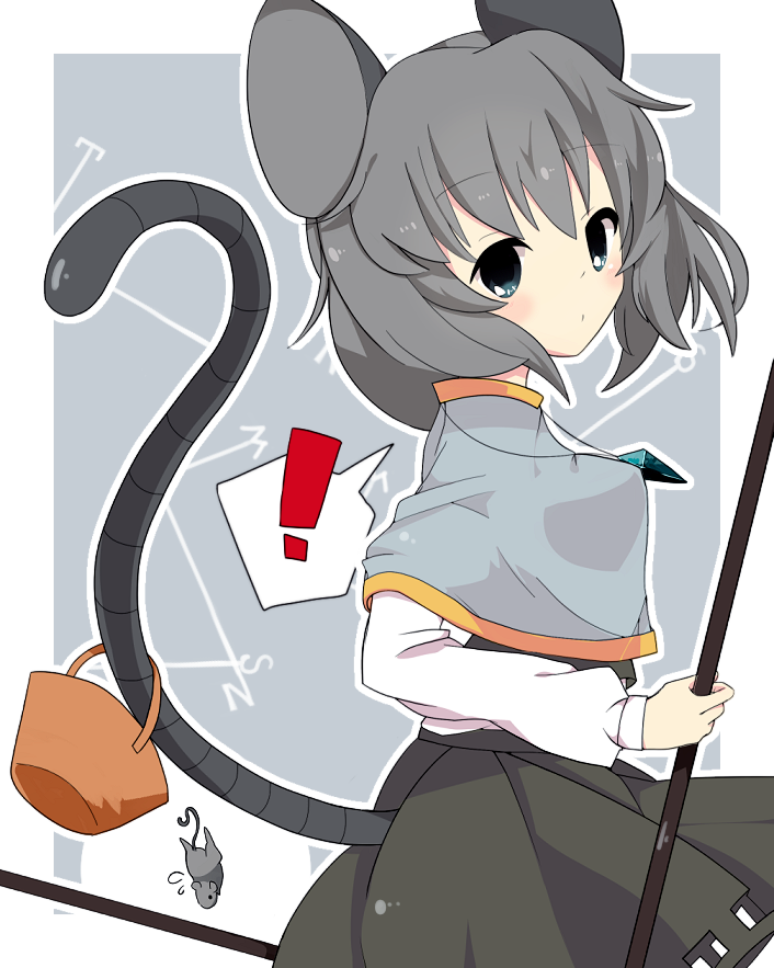 ! 1girl animal_ears basket capelet dowsing_rod grey_background grey_eyes grey_hair jewelry long_sleeves looking_at_viewer mouse mouse_ears mouse_tail nazrin pendant short_hair skirt skirt_set solo tail touhou