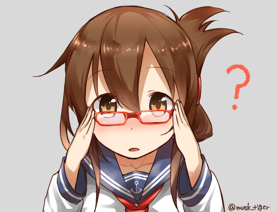 1girl ? anchor_symbol bespectacled brown_eyes brown_hair face folded_ponytail glasses hand_on_glasses inazuma_(kantai_collection) kantai_collection looking_at_viewer musk_tiger neckerchief red-framed_glasses sailor_collar school_uniform serafuku simple_background solo twitter_username