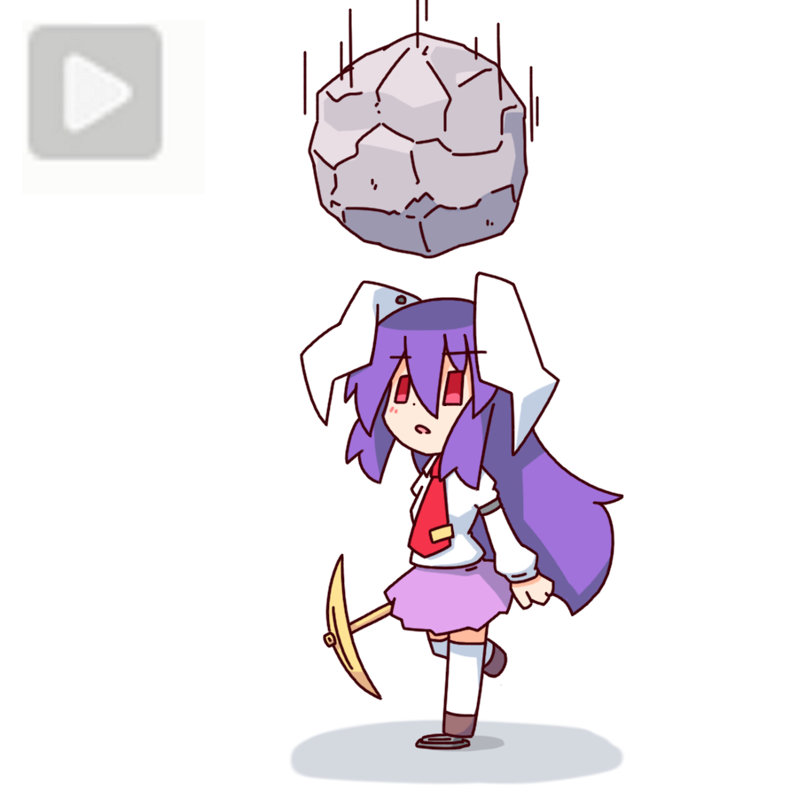 1girl animal_ears boulder buttons crossover fake_play_button gameplay_mechanics kakinoki_mikan_(kari) long_hair long_sleeves necktie pickaxe play_button purple_hair rabbit_ears red_eyes reisen_udongein_inaba simple_background skirt solo terraria touhou white_background white_legwear