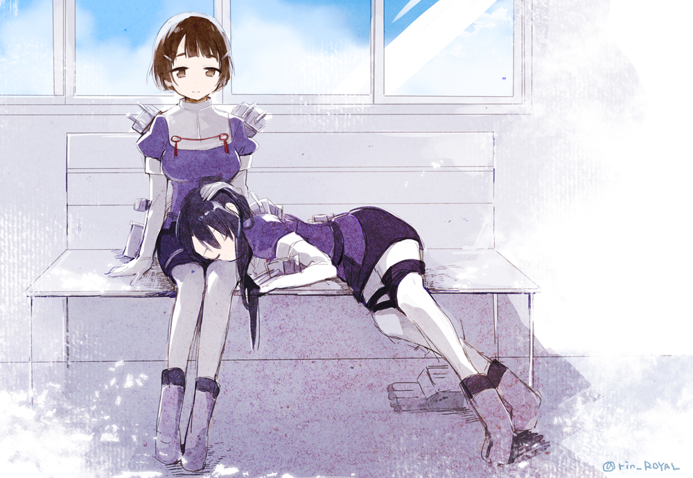 2girls bench boots brown_eyes brown_hair elbow_gloves gloves hand_on_another's_head kantai_collection lap_pillow long_hair military multiple_girls myoukou_(kantai_collection) nachi_(kantai_collection) ponytail rin_(royal) short_hair skirt sleeping smile white_legwear