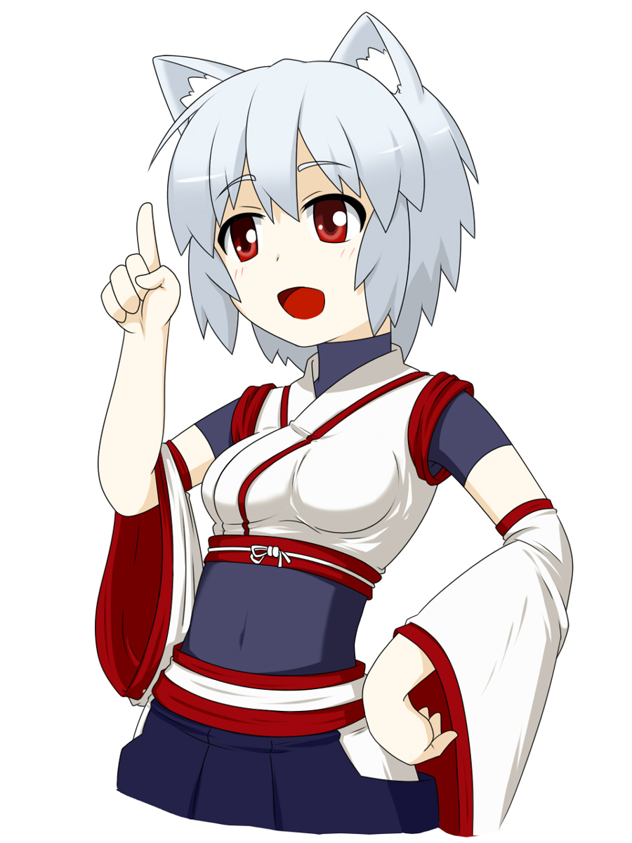 1girl animal_ears blush breasts detached_sleeves hands_on_hips highres inubashiri_momiji japanese_clothes looking_away navel open_mouth pom_pom_(clothes) red_eyes short_hair silver_hair simple_background smile solo tail touhou white_background wolf_ears wolf_tail