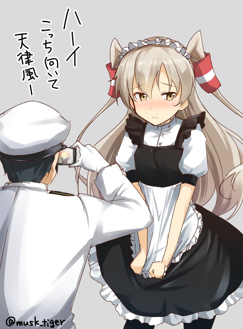 1boy 1girl admiral_(kantai_collection) alternate_costume amatsukaze_(kantai_collection) apron apron_pull averting_eyes blush camera dress enmaided frilled_dress frills hair_tubes hat highres kantai_collection long_hair maid maid_apron maid_headdress military musk_tiger peaked_cap silver_hair simple_background twintails twitter_username yellow_eyes