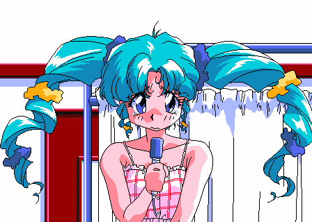 1girl adjusting_hair animahjong_x animated animated_gif aqua_hair artist_request blue_eyes character_request earrings jewelry long_hair looking_at_viewer lowres microphone pc98 sogna solo twintails