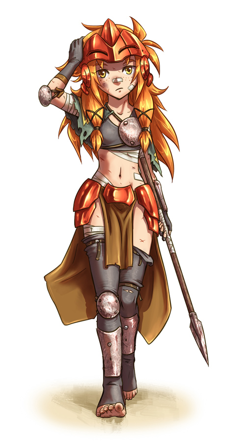 1girl armor artist_request bandage_on_nose bandages barefoot character_request dirty dirty_feet feet freckles gloves greaves loincloth messy_hair midriff navel polearm redhead sarashi scar soles solo source_request spear stick tied_hair toeless_legwear twintails walking walking_stick weapon yellow_eyes
