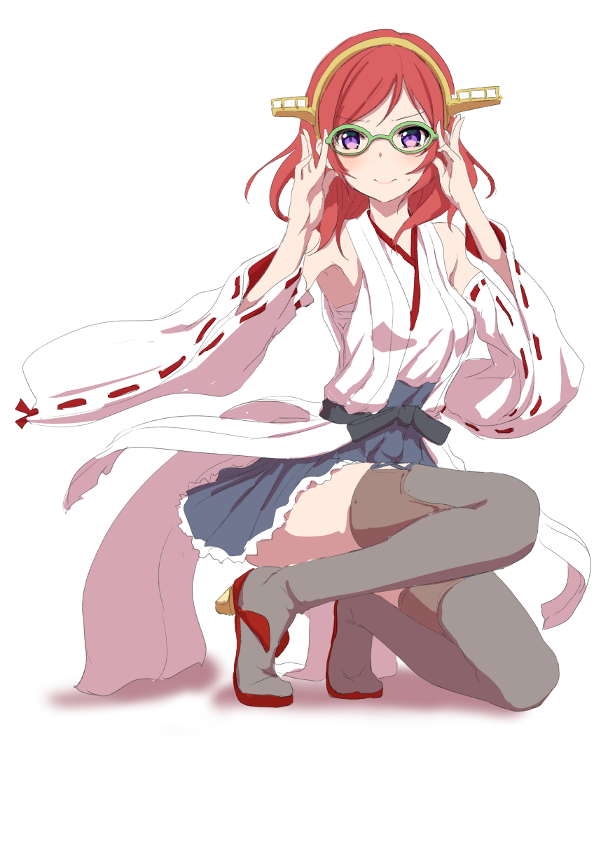 1girl adjusting_glasses bare_shoulders bespectacled blush boots clearite cosplay detached_sleeves glasses hairband highres japanese_clothes kantai_collection kirishima_(kantai_collection) kirishima_(kantai_collection)_(cosplay) looking_at_viewer love_live!_school_idol_project nishikino_maki redhead short_hair skirt solo squatting thigh_boots thighhighs violet_eyes