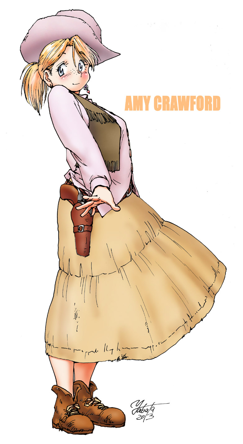 1girl amy_crawford ankle_boots blonde_hair blue_eyes boots breasts character_name cowboy_hat earrings freckles gun hat highres holster jewelry large_breasts long_skirt original pistol revolver short_ponytail skirt smile solo vest weapon western yabataso