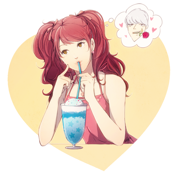 1boy 1girl bare_shoulders bishounen brown_eyes drinking drinking_straw earrings finger_to_cheek flower flower_in_mouth grey_hair hair_ribbon heart jewelry kujikawa_rise mushisotisis narukami_yuu persona persona_4 redhead ribbon rose sparkle thought_bubble twintails