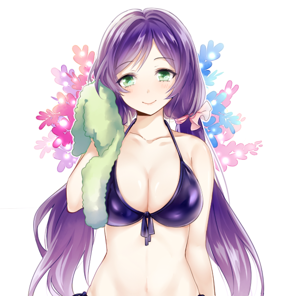 1girl apfl0515 bikini blush breasts green_eyes long_hair love_live!_school_idol_project purple_hair smile solo swimsuit toujou_nozomi towel twintails