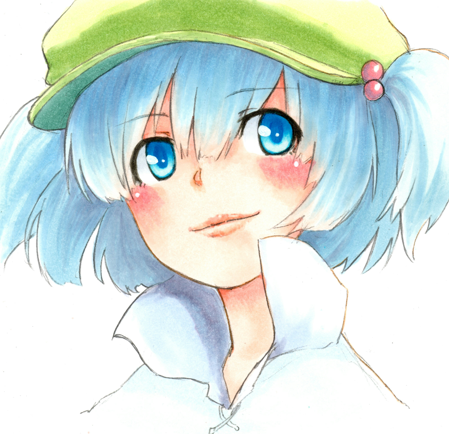 1girl blue_eyes blue_hair blush close-up hair_bobbles hair_ornament hat kawashiro_nitori marker_(medium) shiratama_(hockey) shirt short_hair short_twintails simple_background smile solo touhou traditional_media twintails white_background