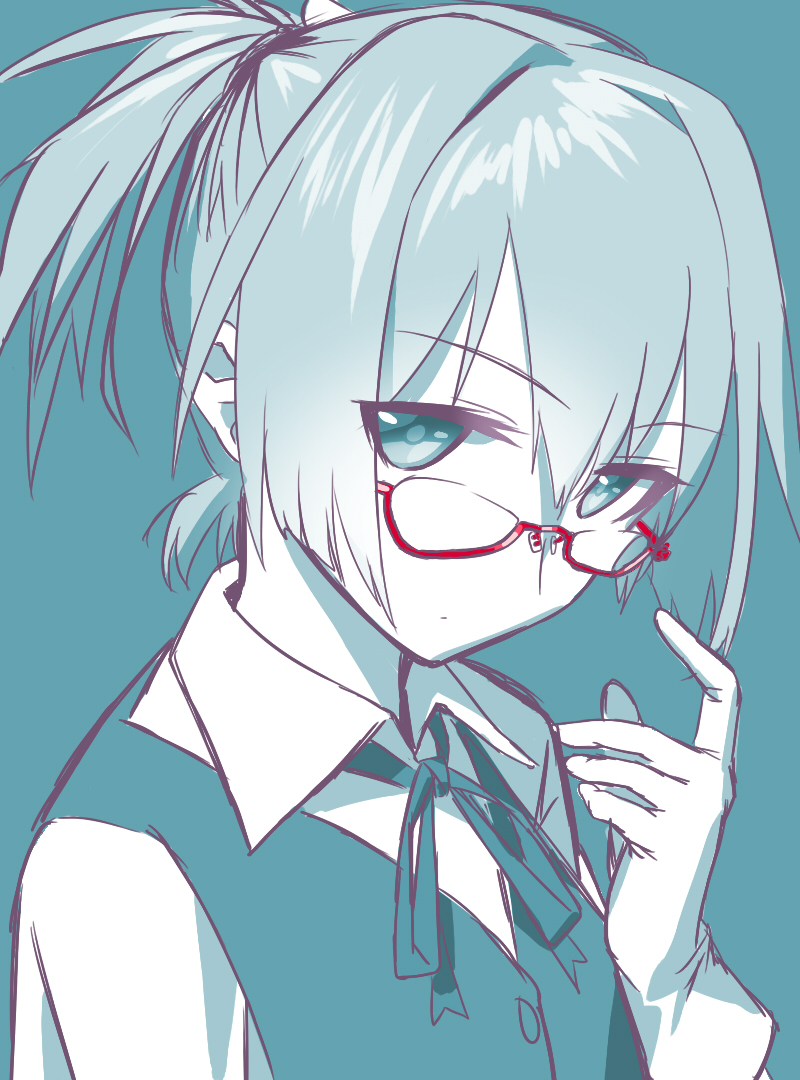 1girl bespectacled blew_andwhite glasses gloves hair_ornament kantai_collection looking_at_viewer ponytail school_uniform shiranui_(kantai_collection) short_hair short_sleeves simple_background solo spot_color