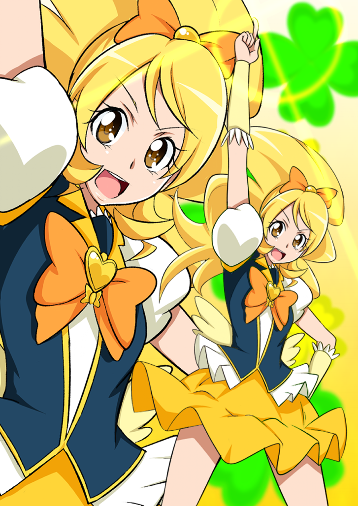 1girl blonde_hair cure_honey eyelashes hair_ornament hair_ribbon happinesscharge_precure! happy jabara921 long_hair looking_at_viewer magical_girl oomori_yuuko open_mouth ponytail precure puffy_sleeves ribbon shirt skirt smile solo standing vest wrist_cuffs yellow_eyes yellow_skirt