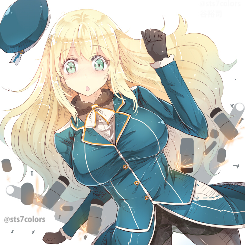 1girl atago_(kantai_collection) blonde_hair breasts gloves green_eyes hat kantai_collection large_breasts long_hair military military_uniform pantyhose solo sts uniform
