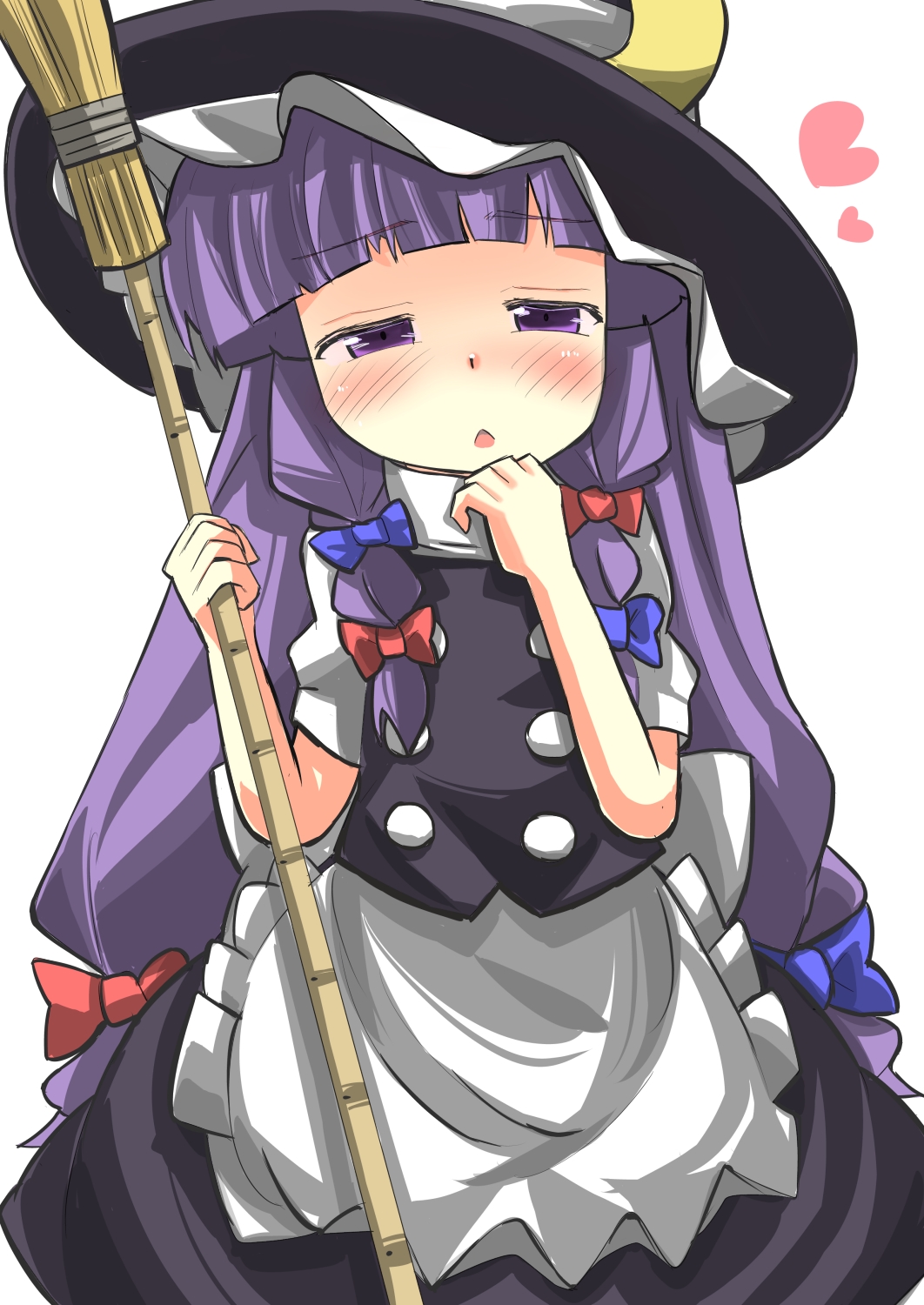 1girl apron bow broom cosplay crescent gaoo_(frpjx283) hat highres kirisame_marisa kirisame_marisa_(cosplay) long_hair patchouli_knowledge purple_hair solo touhou violet_eyes witch_hat