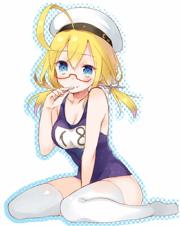 1girl ahoge blonde_hair blue_eyes blush breasts glasses hat i-8_(kantai_collection) kantai_collection looking_at_viewer one-piece_swimsuit personification red-framed_glasses school_swimsuit semi-rimless_glasses short_hair sitting solo spoon swimsuit thigh-highs twintails under-rim_glasses wariza white_background white_legwear yuraiko