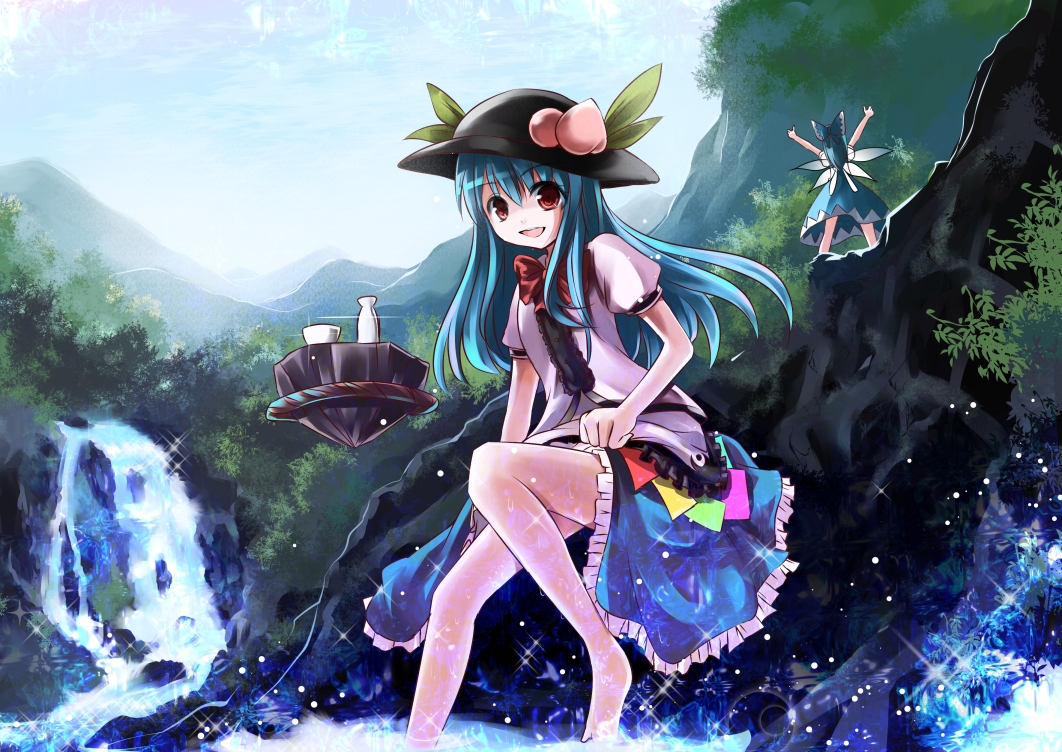 2girls :d alcohol bare_legs blue_hair bottle bow cirno cup fairy food fruit hair_bow hair_ornament hair_ribbon hands_up hat hinanawi_tenshi long_hair multiple_girls open_mouth peach red_eyes ribbon risutaru sake sake_bottle short_hair size_difference smile stone tagme touhou water waterfall wings