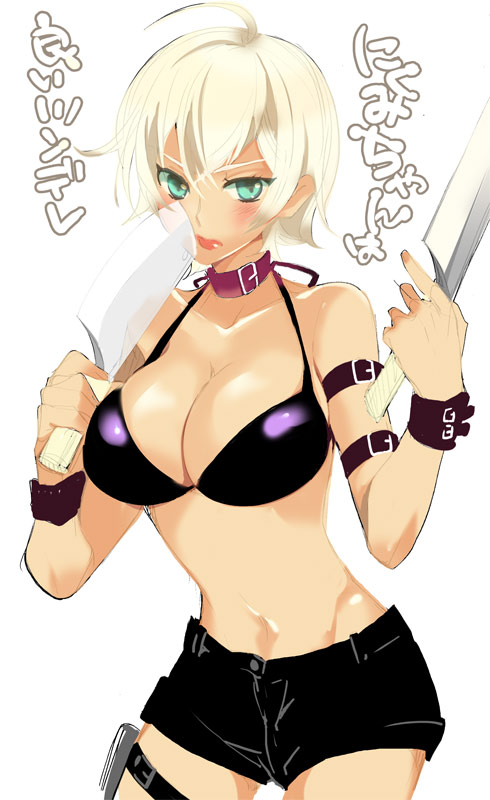 1girl ahoge arm_strap artist_request bikini_top blonde_hair blush breasts cleavage cleaver collar dual_wielding green_eyes holster knife large_breasts mito_ikumi navel shokugeki_no_souma short_hair solo thigh_holster thigh_strap white_background