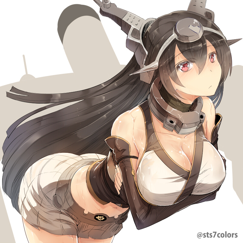 1girl black_hair breasts cleavage elbow_gloves gloves hairband headgear kantai_collection long_hair nagato_(kantai_collection) red_eyes solo sts