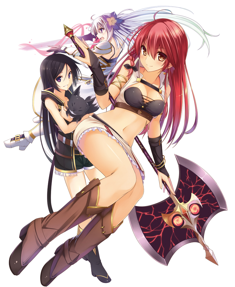 3girls ahoge animal axe black_gloves black_hair braid breasts brown_eyes carrying fingerless_gloves gauntlets gloves hair_ornament hair_ribbon holding long_hair looking_at_viewer magi_(only_sense_online) multiple_girls myuu_(only_sense_online) navel official_art only_sense_online open_mouth parted_lips purple_hair redhead ribbon shorts simple_background single_braid smile sword violet_eyes weapon white_background yukichin yun_(only_sense_online)