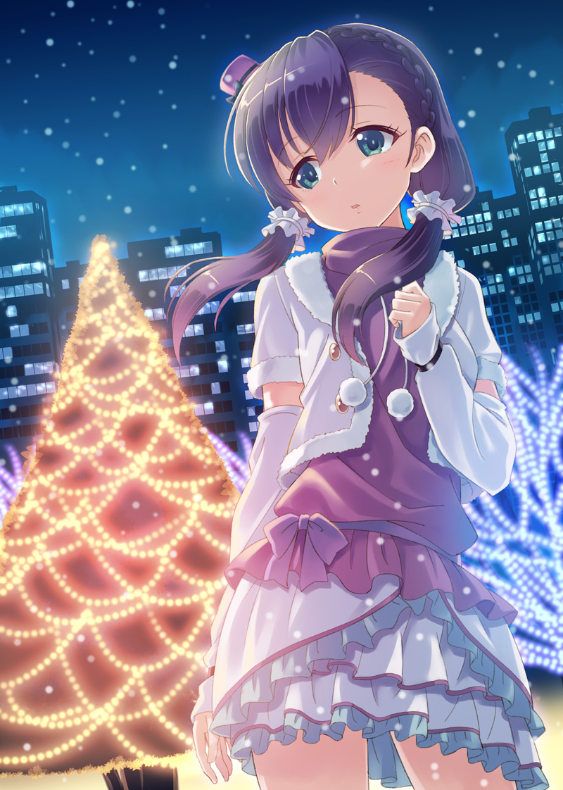 1girl christmas_lights christmas_tree cityscape detached_sleeves dress dutch_angle fur_trim green_eyes hat hyuuga_azuri long_hair love_live!_school_idol_project low_twintails mini_top_hat purple_hair sky snowing solo top_hat toujou_nozomi twintails winter_clothes