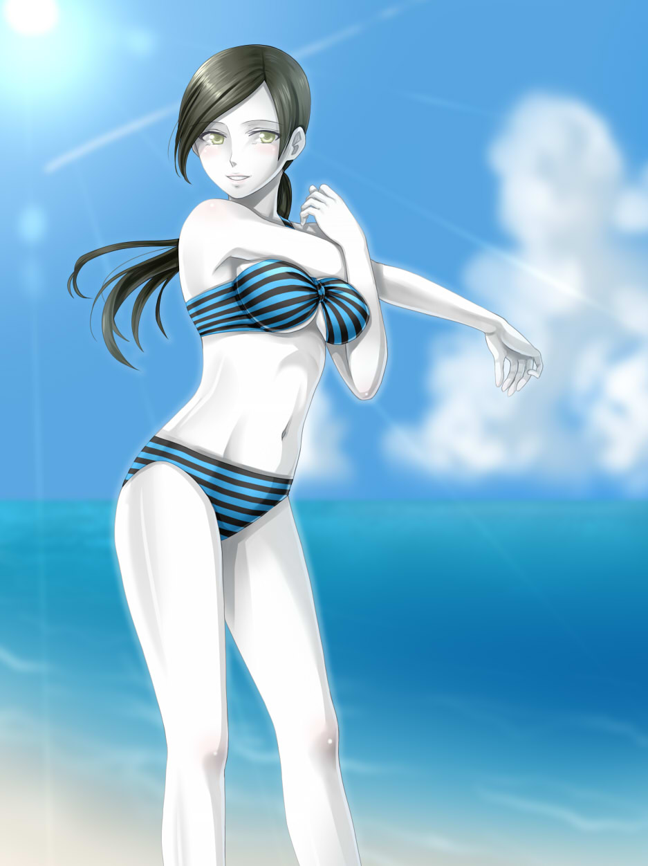 1girl bikini black_hair brown_eyes highres long_hair ponytail swimsuit white_skin wii_fit wii_fit_trainer yuino_(fancy_party)