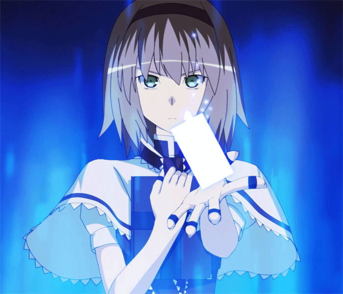 1girl alice_margatroid animated animated_gif blonde_hair book capelet card dress glowing green_eyes hairband holding holding_book jewelry looking_at_viewer matsuki_akira optical_illusion ribbon ring serious short_hair simple_background smile solo touhou ugoira