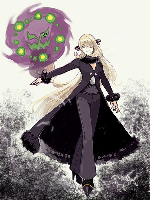 1girl blonde_hair blue_eyes coat hair_ornament hair_over_one_eye high_heels obo pokemon pokemon_(creature) shirona_(pokemon) spiritomb