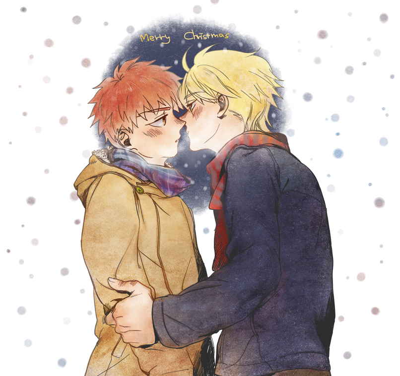 2boys blonde_hair blush brown_eyes chocolateonly coat emiya_shirou fate/prototype fate/stay_night fate_(series) green_eyes incipient_kiss male merry_christmas multiple_boys redhead saber_(fate/prototype) scarf yaoi