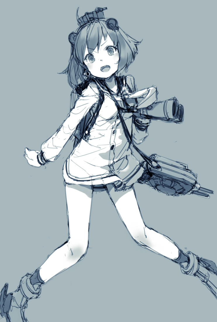 1girl binoculars blue_background grey_background junwool kantai_collection looking_at_viewer monochrome open_mouth sailor_dress short_hair simple_background sketch solo standing turret yukikaze_(kantai_collection)