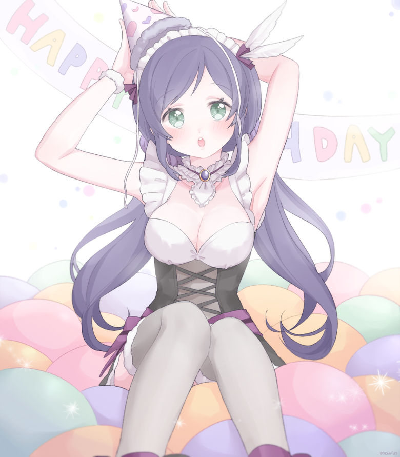 1girl armband artist_name blush breasts cleavage cleavage_cutout green_eyes happy_birthday hat long_hair love_live!_school_idol_project maid maid_headdress marin_(myuy_3) open_mouth party_hat purple_hair solo thigh-highs toujou_nozomi twintails winged_hair_ornament