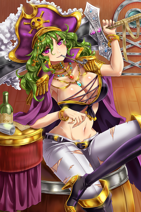 1girl barrel boots bottle bracelet breasts choker cleavage crossed_legs epaulettes frills gem green_hair hat huge_weapon jewelry knee_boots large_breasts long_hair mouth_hold necklace original pants pipe pirate_hat ring shinki_kakusei_melty_maiden sitting solo sword tamashiro torn_clothes violet_eyes weapon