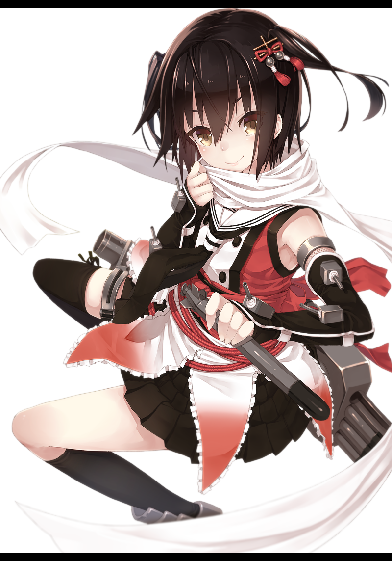 1girl black_legwear brown_eyes brown_hair elbow_gloves from_above gloves hair_ornament kantai_collection letterboxed looking_at_viewer neckerchief pleated_skirt scarf sendai_(kantai_collection) short_hair skirt smile solo takuan_(takuan0907) torpedo twintails white_background white_scarf