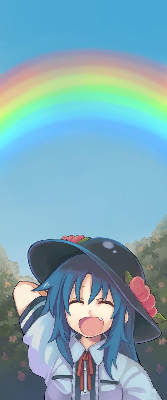 1girl anarogumaaa arm_at_side arm_behind_head black_hat blue_hair closed_eyes fang flower food fruit hat_ornament highres hinanawi_tenshi long_hair open_mouth outdoors peach puffy_short_sleeves puffy_sleeves rainbow short_sleeves sky smile solo_focus touhou tree white_blouse