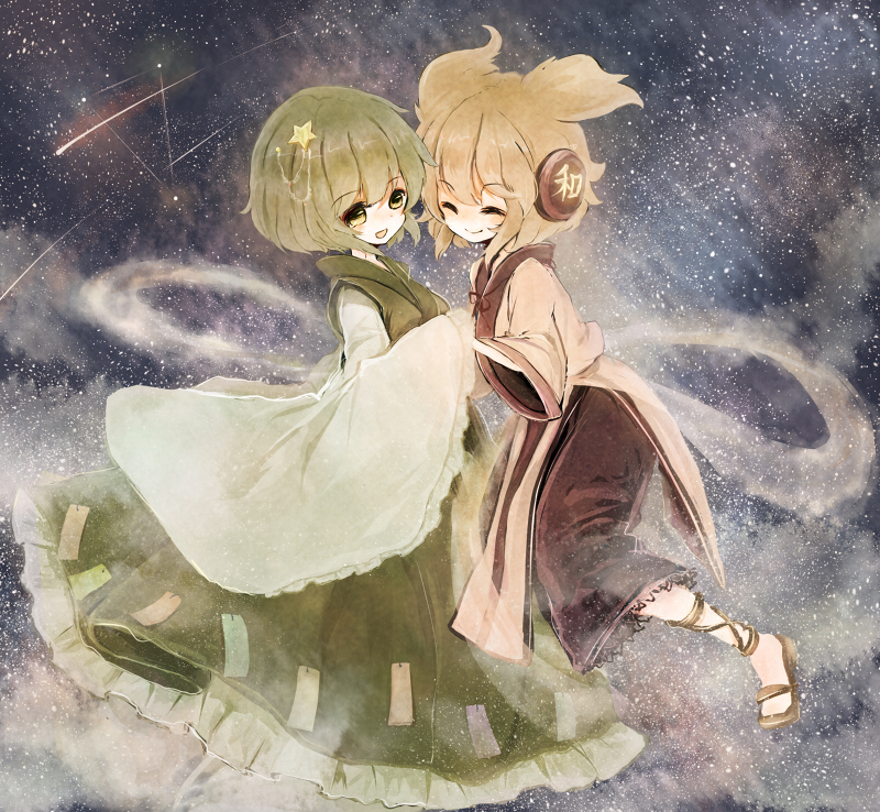 2girls anklet ashiyu_(ashu-ashu) brown_hair closed_eyes dress green_dress green_hair hair_ornament headphones holding_hands japanese_clothes jewelry multiple_girls sandals shawl sleeves_past_wrists smile soga_no_tojiko space star star_(sky) tanabata tanzaku touhou toyosatomimi_no_miko yuri