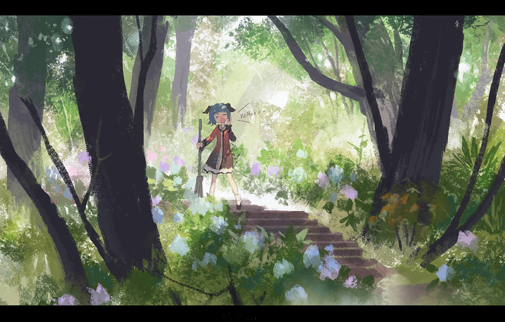 1girl animal_ears blush broom closed_eyes flower forest green_hair kasodani_kyouko nature open_mouth seeker short_hair skirt solo stairs tail touhou tree