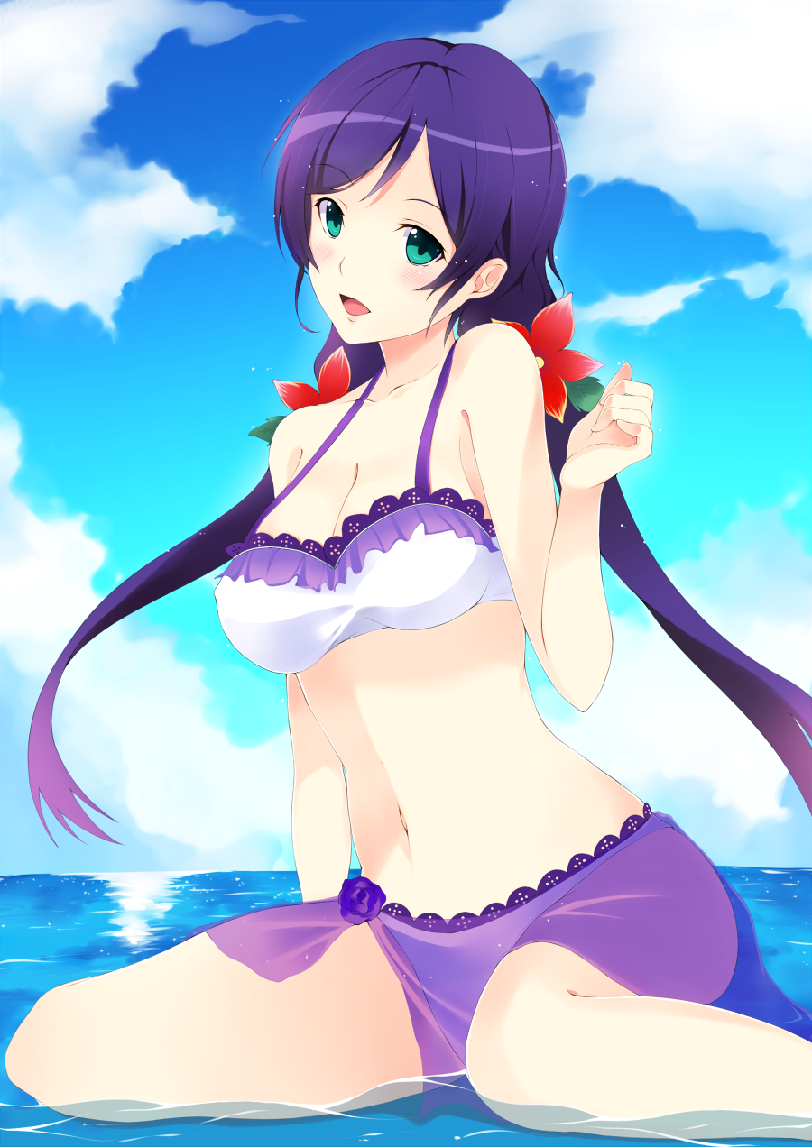 1girl artist_request bikini breasts cleavage flower green_eyes hair_flower hair_ornament highres long_hair love_live!_school_idol_project purple_hair smile solo swimsuit toujou_nozomi twintails