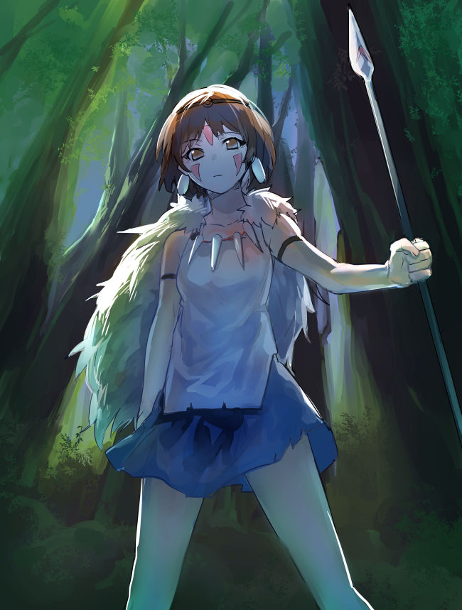 1girl brown_eyes brown_hair earrings erubo facial_mark forest fur jewelry mononoke_hime nature necklace polearm san short_hair skirt solo spear studio_ghibli weapon