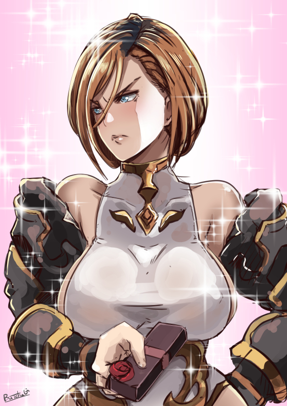 1girl armor bare_shoulders blue_eyes bob_cut box breasts brown_hair character_request chocolate detached_sleeves embarrassed eroquis gift gift_box granblue_fantasy large_breasts looking_away short_hair sideboob solo tsundere valentine