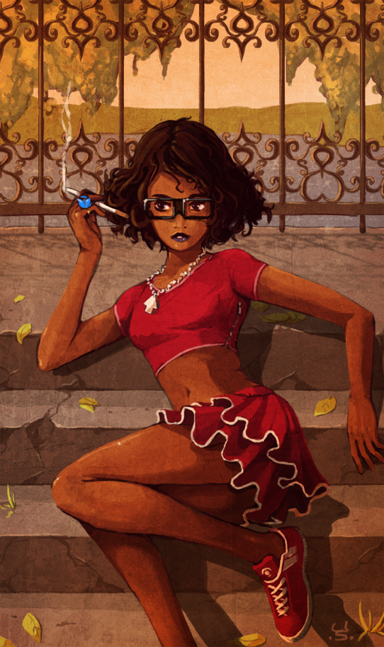 1girl autumn_leaves black_lipstick brown_hair cigarette crop_top curly_hair dark_skin directional_arrow glasses jewelry joakim_sandberg lipstick makeup midriff navel necklace original outdoors reclining ring shoes short_hair skirt skirt_set small_breasts smoking sneakers solo stairs