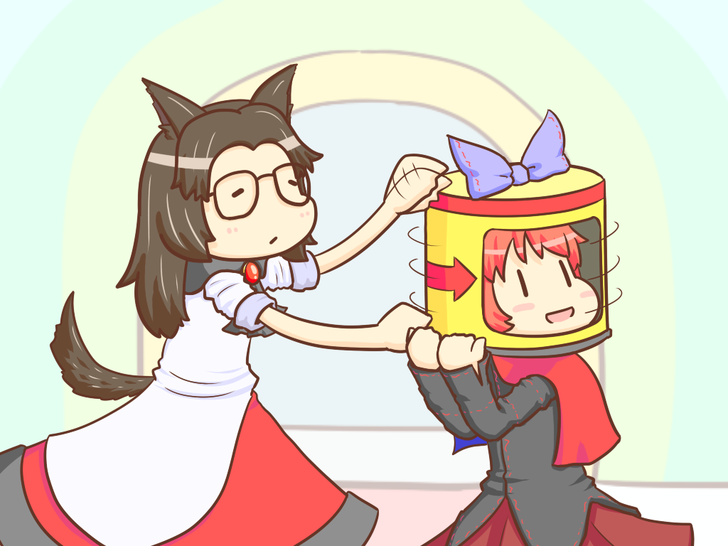 2girls animal_ears bespectacled bow brooch brown_hair cape chibi directional_arrow dress glasses hair_bow imaizumi_kagerou jewelry long_hair long_sleeves multiple_girls open_mouth ponzholic redhead sekibanki short_hair skirt smile tail touhou turning_head wolf_ears wolf_tail