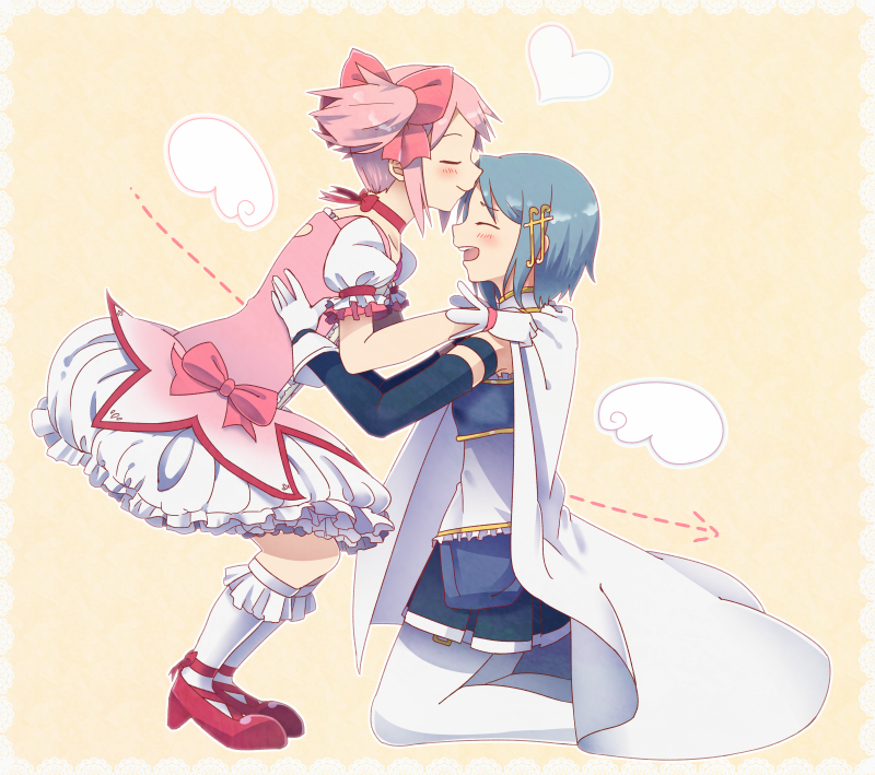 2girls armband blue_hair bow cape closed_eyes forehead_kiss gloves hair_bow hair_ornament hairclip kaname_madoka kirikuchi_riku kiss kneeling magical_girl mahou_shoujo_madoka_magica mahou_shoujo_madoka_magica_movie miki_sayaka multiple_girls pink_hair short_hair short_twintails smile thigh-highs twintails zettai_ryouiki