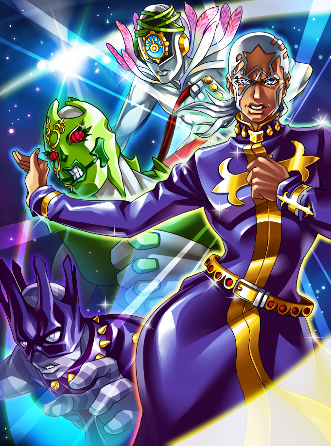 4boys c-moon_(stand) dark_skin enrico_pucci jojo_no_kimyou_na_bouken made_in_heaven_(stand) multiple_boys priest ryuusei_(mark_ii) stand_(jojo) white_hair whitesnake_(stand)