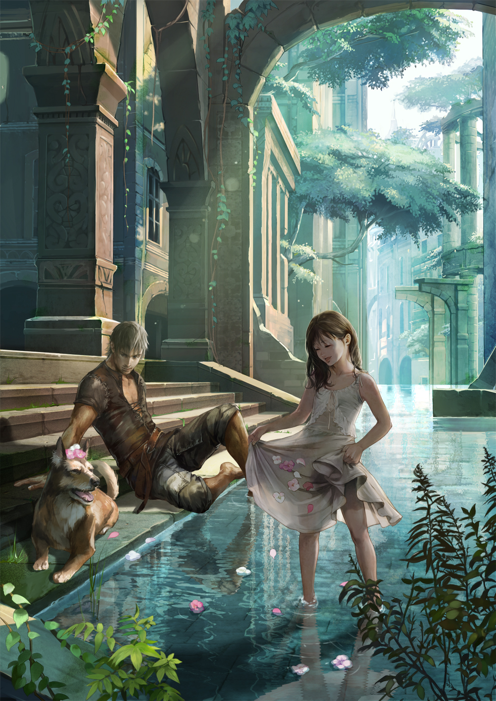 1boy 1girl architecture bare_shoulders barefoot belt black_hair brown_hair closed_eyes dog dress dress_lift flower futari_to_ippiki_no_tabi highres long_hair open_clothes open_mouth original partially_submerged petals reflection ruins sae_(revirth) scenery shadow short_hair smile stairs sunlight tree vines water white_dress