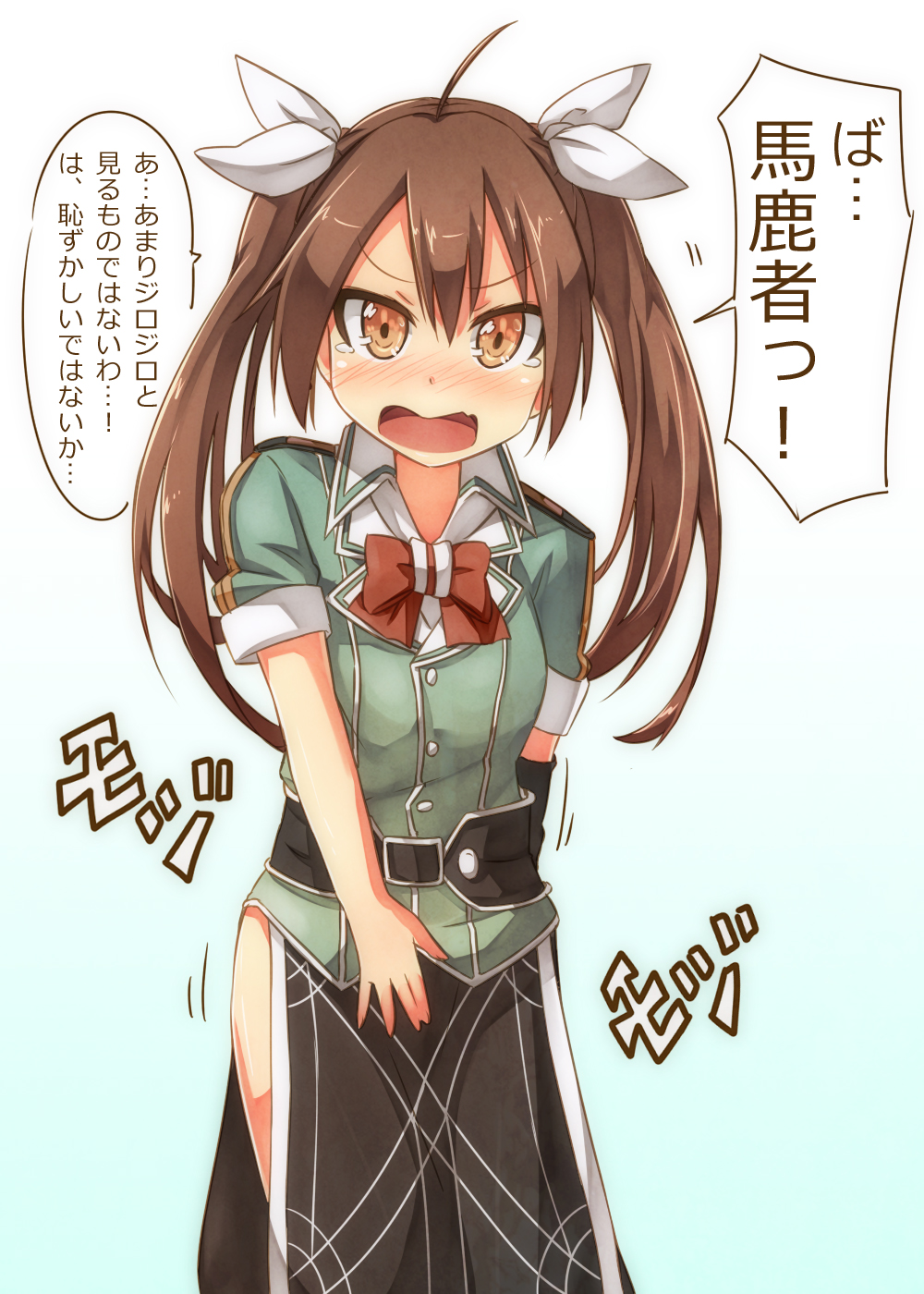 1girl ahoge blush bowtie brown_eyes brown_hair covering covering_crotch elbow_gloves gloves hair_ribbon highres kantai_collection long_hair looking_at_viewer ribbon single_glove skirt solo tears tone_(kantai_collection) translation_request twintails umino_mokuzu_(shizumisou) white_ribbon