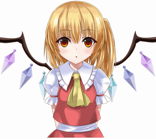 1girl :d :o ^_^ ^o^ ascot blinking blonde_hair blush bust closed_eyes dress emofuri facing_viewer fang flandre_scarlet happy head_tilt janne_cherry light_frown looking_at_viewer no_hat open_mouth puffy_short_sleeves puffy_sleeves red_dress red_eyes sad shirt short_hair short_sleeves side_ponytail simple_background smile solo touhou ugoira vest white_background wings
