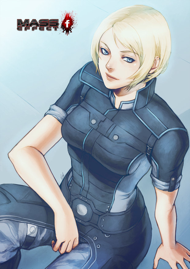 1girl bangs blonde_hair blue_eyes bodysuit commander_shepard commander_shepard_(female) jeanne_virak lips mass_effect short_hair short_sleeves sitting solo swept_bangs uniform