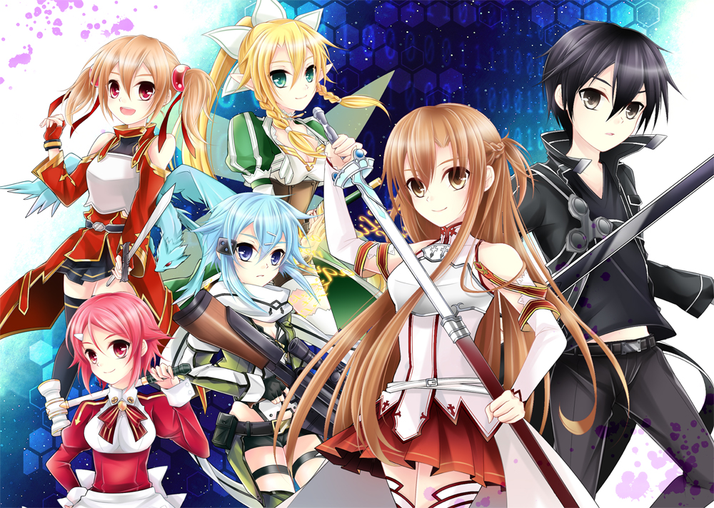 1boy 5girls asuna_(sao) dragon fairy_wings fingerless_gloves gloves gun hammer kirito leafa lisbeth long_hair multiple_girls nadam pina_(sao) pointy_ears scarf shinon_(sao) short_hair silica sword_art_online weapon wings yuuki_asuna