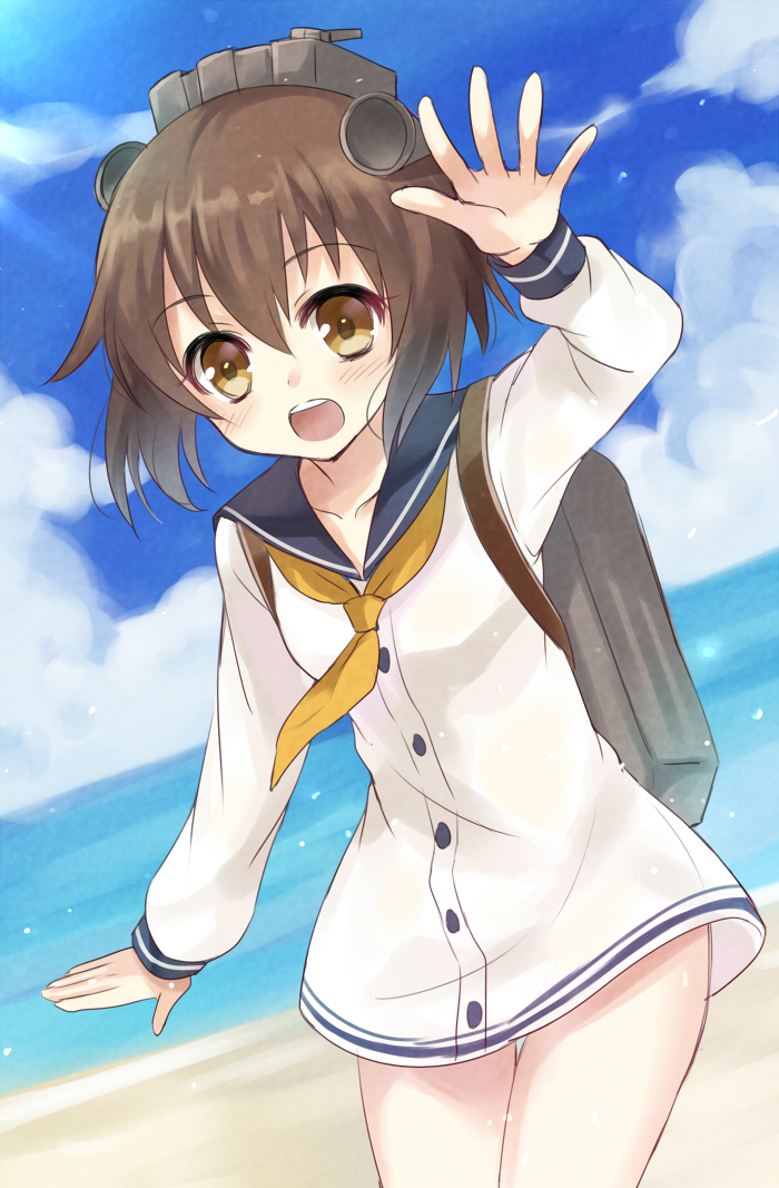 1girl brown_hair harimoji kantai_collection personification sailor_dress yellow_eyes yukikaze_(kantai_collection)