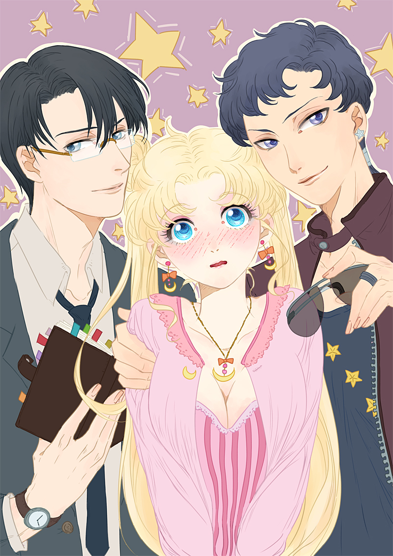 1boy 1girl alternate_costume androgynous arm_grab bangs bespectacled bishoujo_senshi_sailor_moon blue_eyes blush book breasts casual chiba_mamoru cleavage double_bun ear_studs earrings full-face_blush glasses jewelry long_hair necklace nervous notebook open_book open_mouth parted_bangs ring seiya_kou short_hair star starry_background striped sunglasses sunglasses_removed tsukino_usagi twintails vertical_stripes violet_eyes watch yangyieva