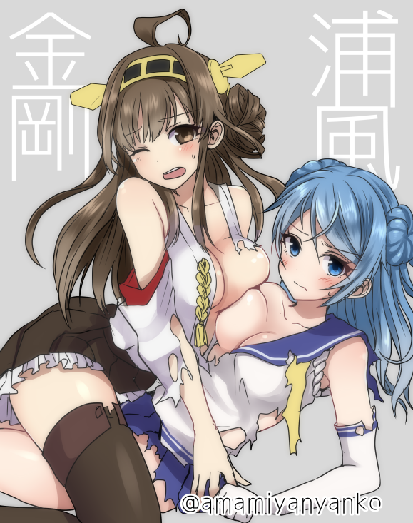 ahoge bare_shoulders blue_eyes blue_hair blush breast_press breasts brown_hair detached_sleeves double_bun elbow_gloves gloves hairband headgear japanese_clothes kantai_collection kongou_(kantai_collection) large_breasts long_hair looking_at_viewer multiple_girls nontraditional_miko open_mouth pleated_skirt pororigenki school_uniform serafuku skirt sweatdrop thigh-highs torn_clothes twitter_username urakaze_(kantai_collection) white_gloves wince